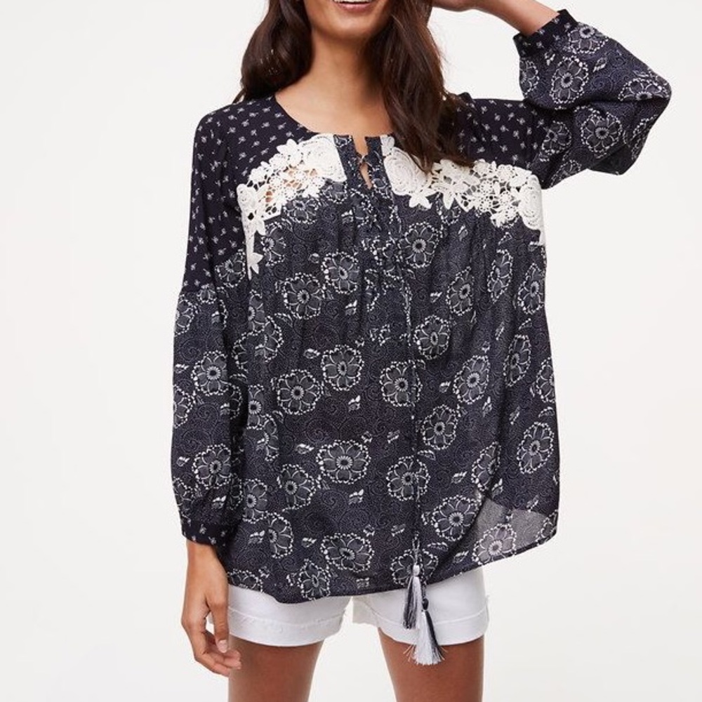 Loft secret garden navy floral peasant blouse S